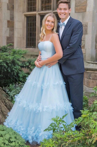 A Line Light Blue Spaghetti Straps Floral Prom Dresses, Ruffles Formal Dresses GJS755