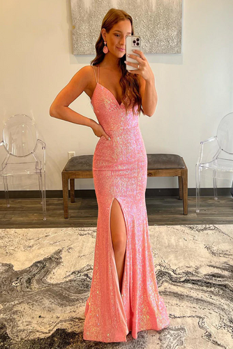 Glitter Spaghetti Straps Mermaid Sequins Prom Dresse With Slit GJS741
