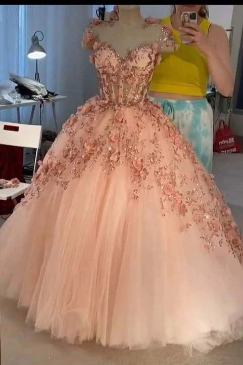 Princess Ball Gown Dusty Pink 3D Floral Appliques Tulle Quinceanera Dress GJS749