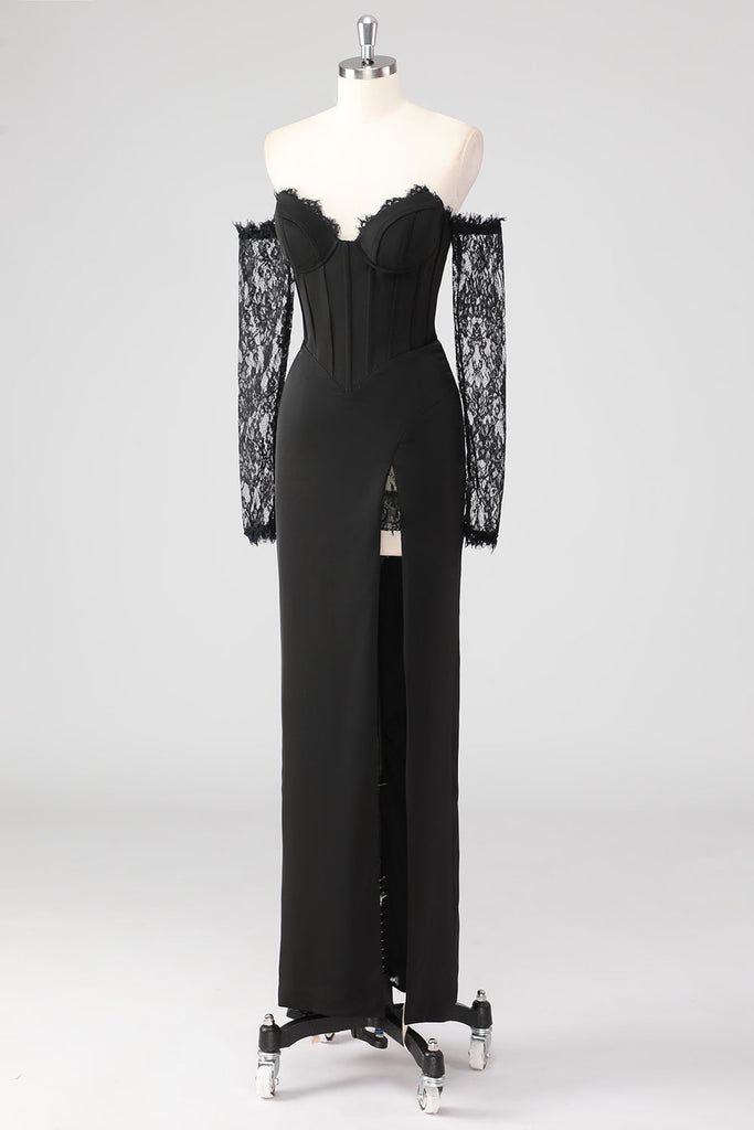 Black Lace Long Sleeves Sheath Formal Dress with Slit – Anna PromDress