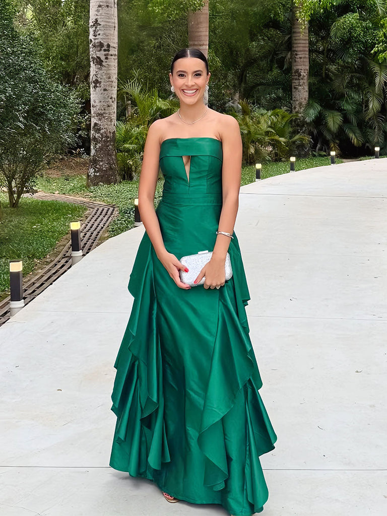 Emerald Green Strapless Tiered Ruffle Satin Prom Dress with Keyhole Cutout – Anna PromDress