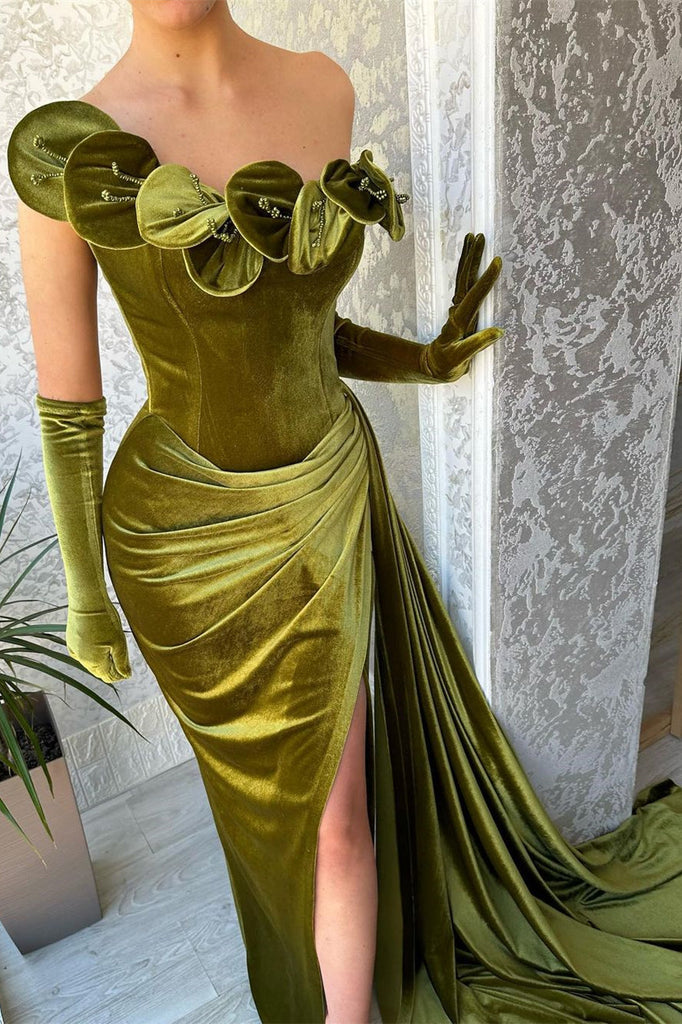 burlesque green dress Green One Shoulder Strapless Ruffles Prom Dress with Split – Anna PromDress