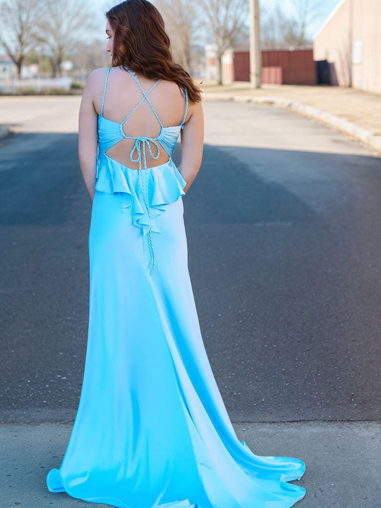 Light Blue Ruffle Bodice Satin Prom Dress with Slit – Anna PromDress