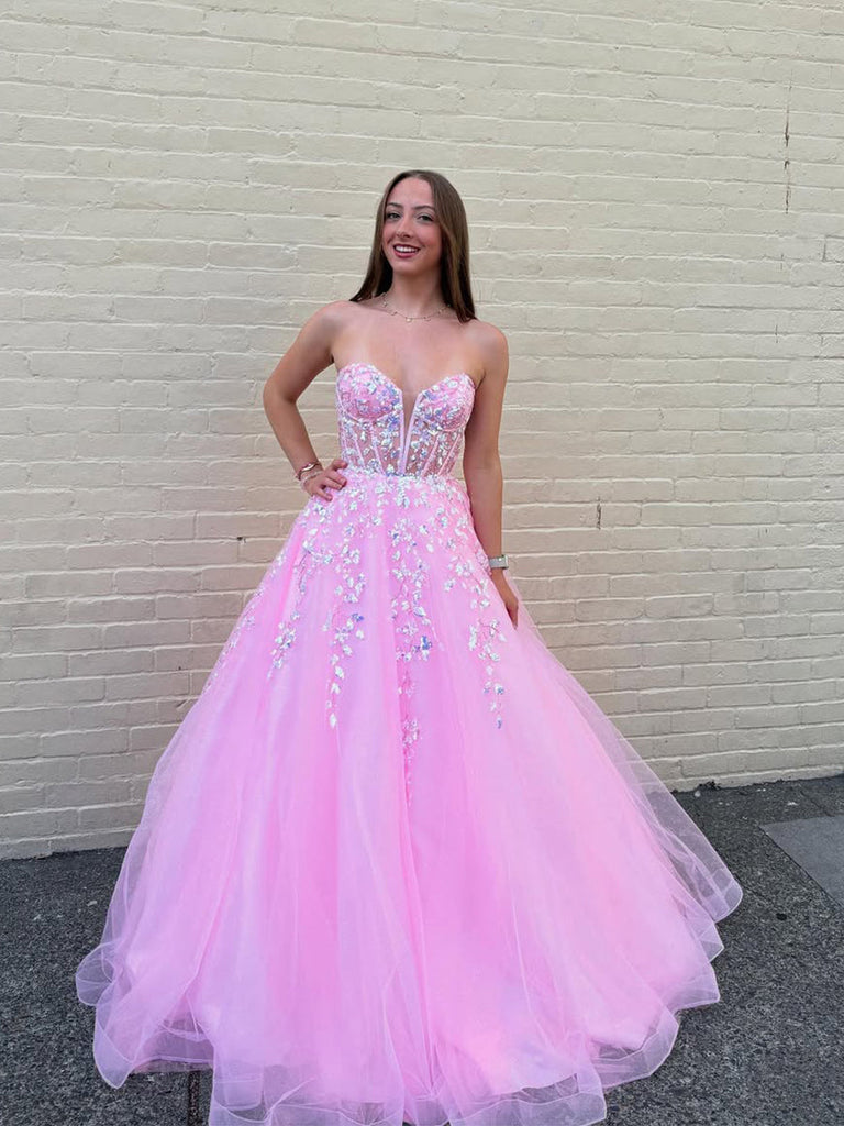 Pink Strapless Sequin Corset Long Prom Dress with Appliques – Anna PromDress