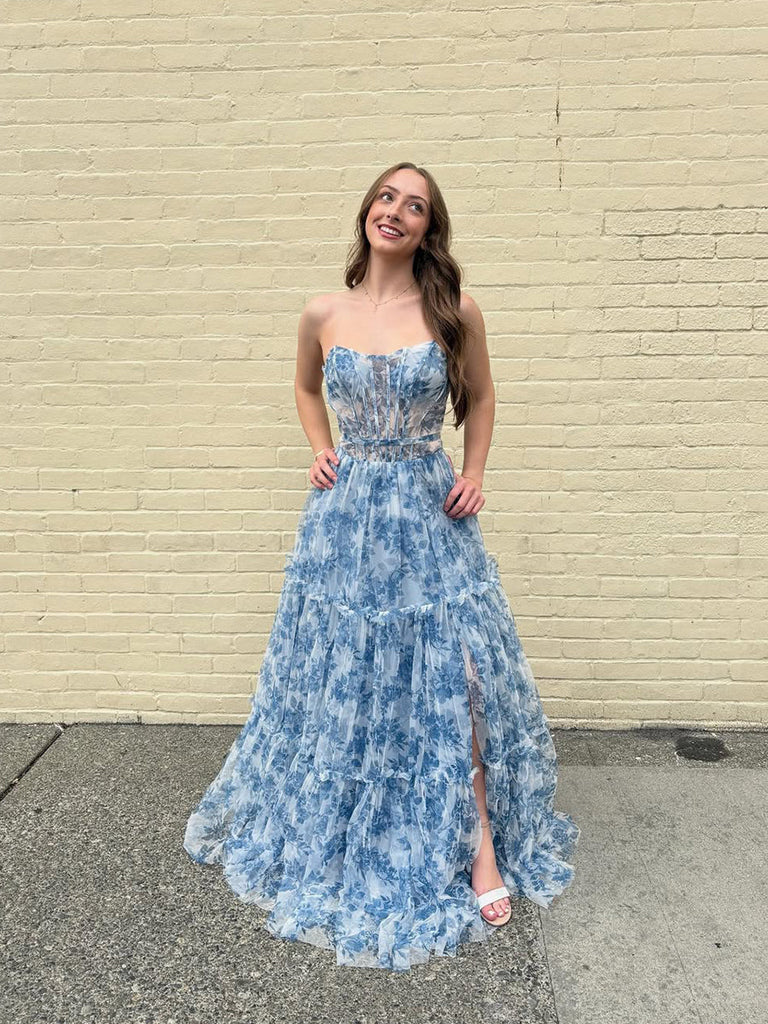 Romantic Blue Floral Strapless Tiered Corset Prom Dress – Anna PromDress