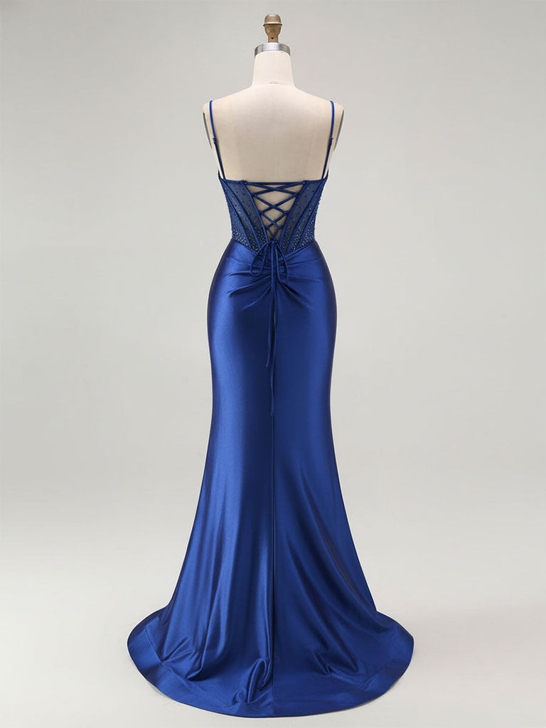 Royal Blue Mermaid Beaded Appliqued Corset Prom Dress with Slit  Anna  PromDress