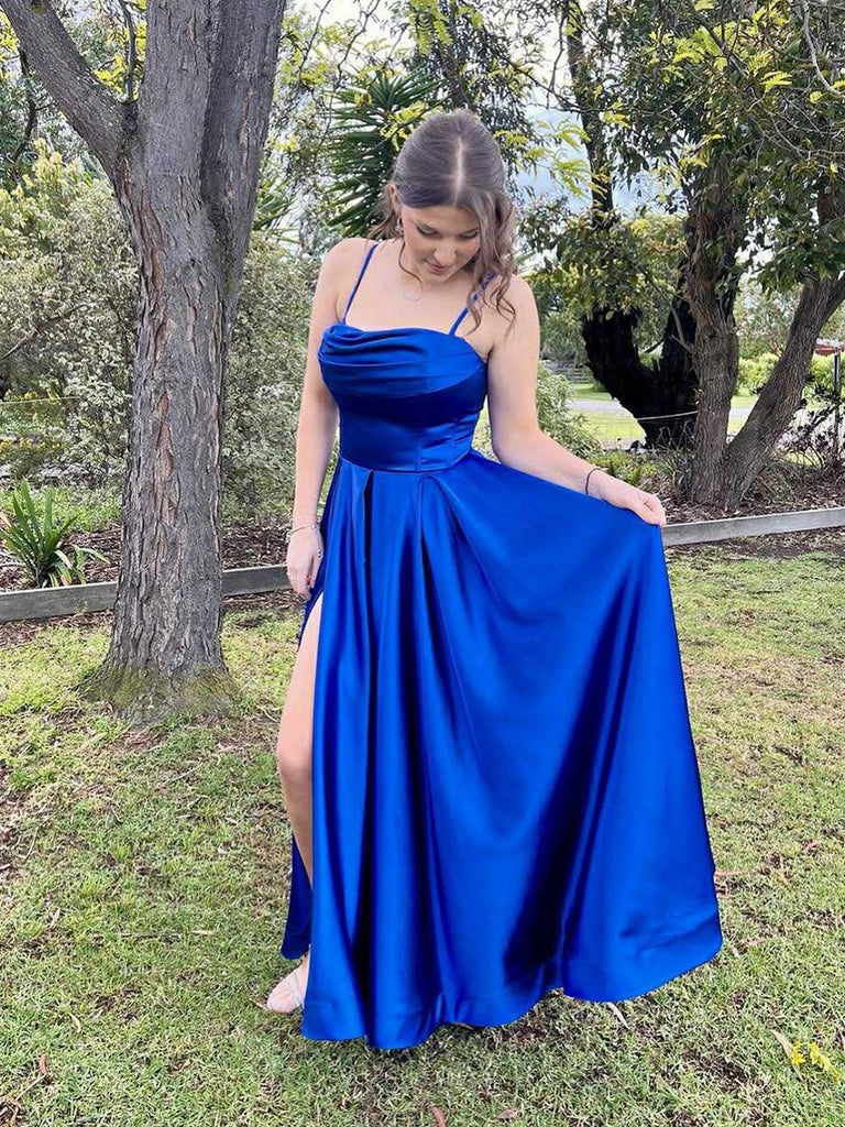 Royal Blue Satin Cowl Neck A-Line Prom Dress with High Slit – Anna PromDress