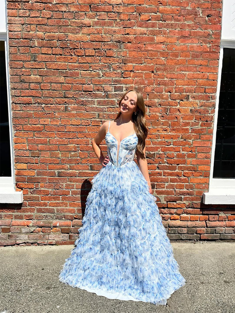 blue whimsical dress Floral Tiered Ruffled Corset Prom – Anna PromDress Size:18 36/37 Women's Banna Strappy Leather Free Household* sima0810