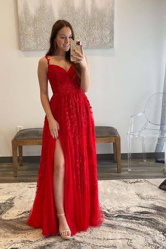 Beautiful A Line Spaghetti Straps Sweetheart Tulle Prom Dresses with Appliques & Slit GJS740