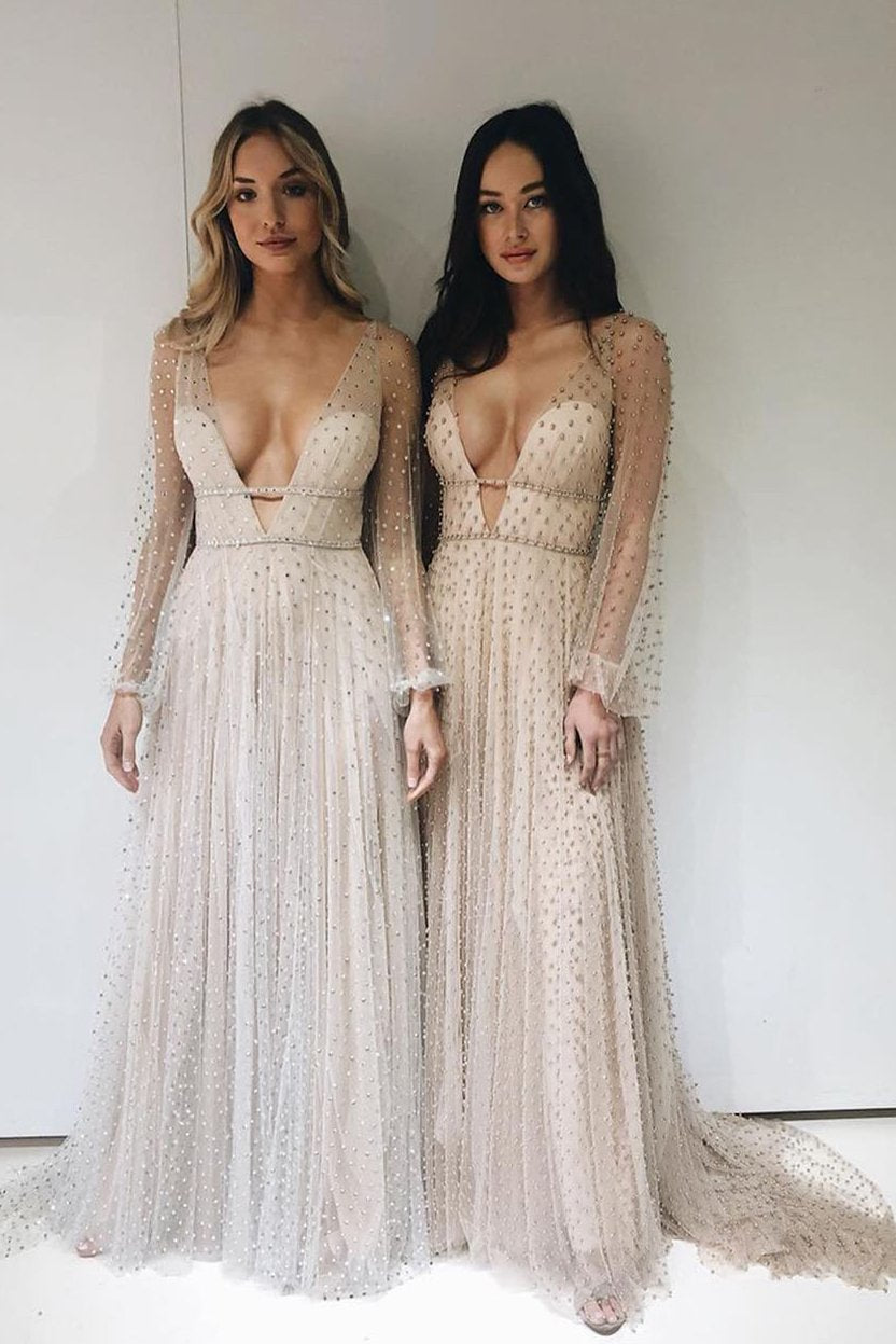 Plunging Neck Beaded Prom Dress with Sheer Long Sleeves JKG023