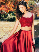 Two Pieces Scoop Sleeveless Burgundy Split Criss Cross Back Prom Dresses, JKZ7113|Annapromdress