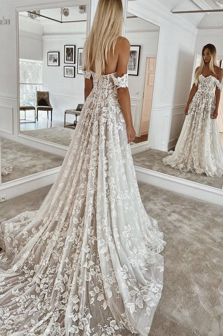 Romantic White Lace A line Long Prom Evening Gown Dress GJS337