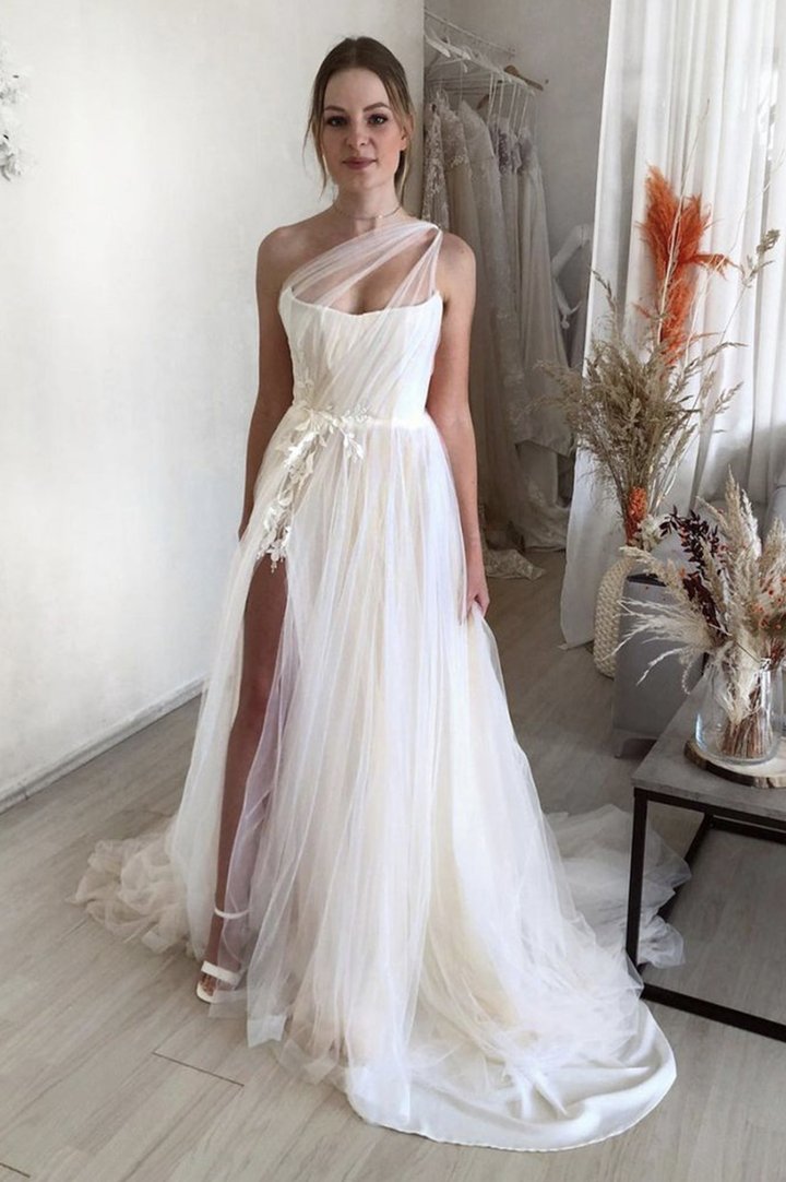 Stylish White A line Tulle One-shoulder Long Prom Evening Dress GJS333
