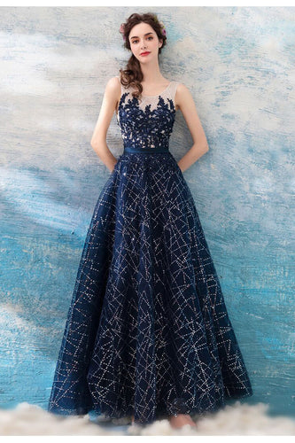 Fancy Blue A Line Sleeveless Open Back Long Prom Evening Dress GJS481