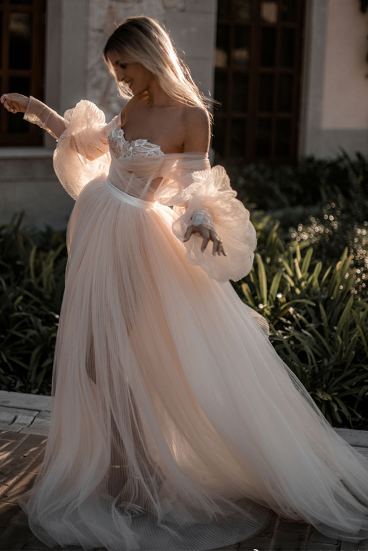 Fancy Off-the-Shoulder Sweetheart Tulle A-Line Long Prom Dress GJS437