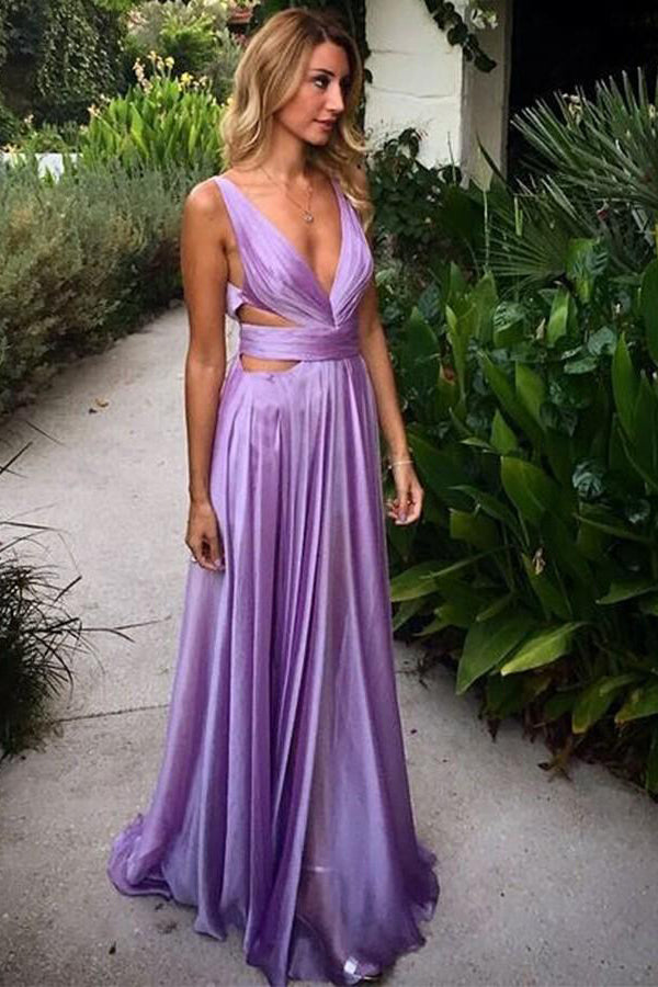 Sexy Deep V Neck Silk Satin Prom Dress A line Backless Pleated Evening Dress GJS257
