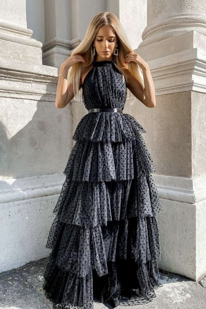 Black Tulle A line Halter Floor Length Long Prom Evening Dress GJS338