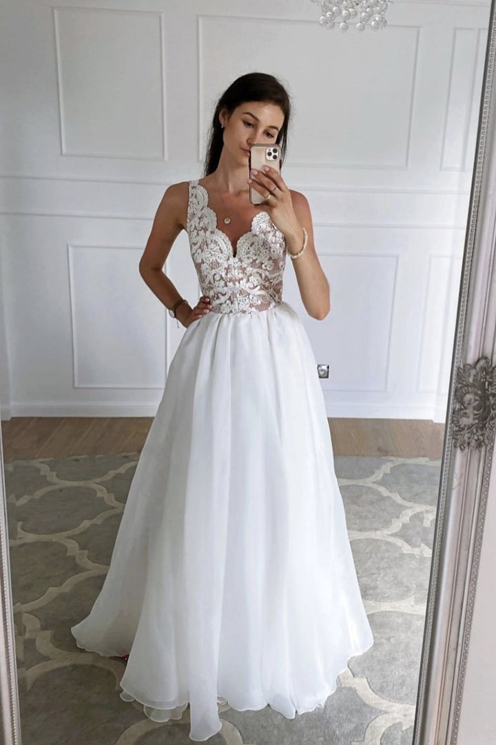 White Lace A line V Neck Chiffon Long Prom Evening Dress GJS339