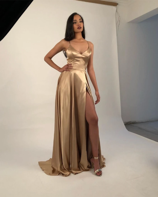 Champagne Gold Silk Satin Prom Dresses with Sexy Split GJS134 Anna PromDress Champagne Gold Silk Satin Prom Dresses with Sexy Split GJS134 Anna PromDress
