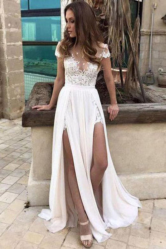 White Prom Dress Short Sleeve Sexy Slit Casual Cheap Beach Wedding Dresses OHD272