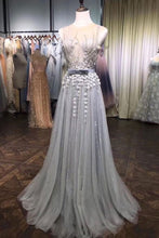 Gray Tulle Lace Beads Long Prom Dress, Gray Tulle Evening Dress JKG012|Annapromdress