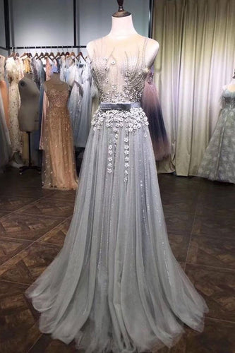 Gray Tulle Lace Beads Long Prom Dress, Gray Tulle Evening Dress JKG012|Annapromdress