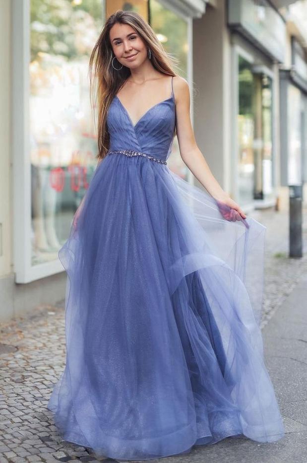 Sparkly Blue V Neck Sleeveless A line Long Prom Formal Dresses GJS363
