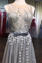 Gray Tulle Lace Beads Long Prom Dress, Gray Tulle Evening Dress JKG012|Annapromdress