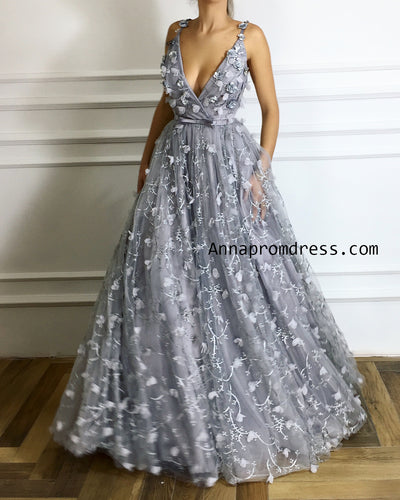 Sexy Deep V neck Grey Long Prom Dress A Line Flower Floor Length Modest Prom/Evening Gowns YSD335|Annapromdress
