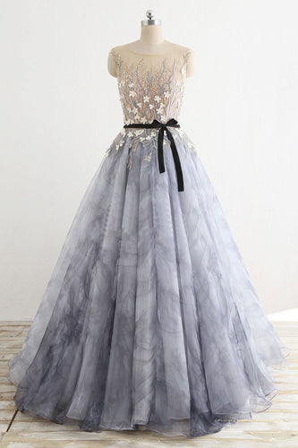 Gray Rround Neck Tulle Long Prom Dress Grey Evening Dress JKP408