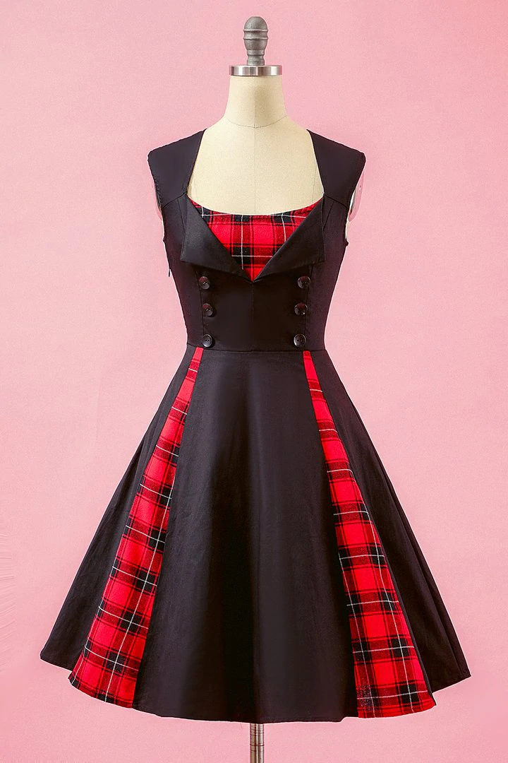 Black Patchwork Plaid Swing Party Dress Halloween Vintage Dress GJS666