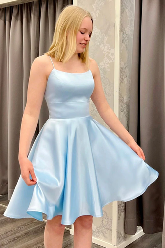 Cute Backless Short Light Blue Satin Prom Homecoming Dress GJS709