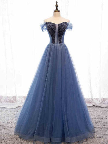Modest Tulle A Line Long Prom Dresses Cap Sleeve Sweetheart Stunning Beading Prom/Evening Dress YSR339