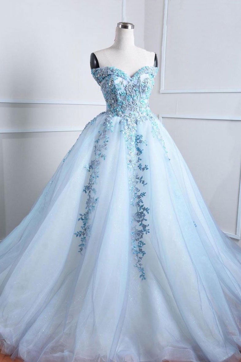Blue tulle lace applique long prom dress, blue evening dress
