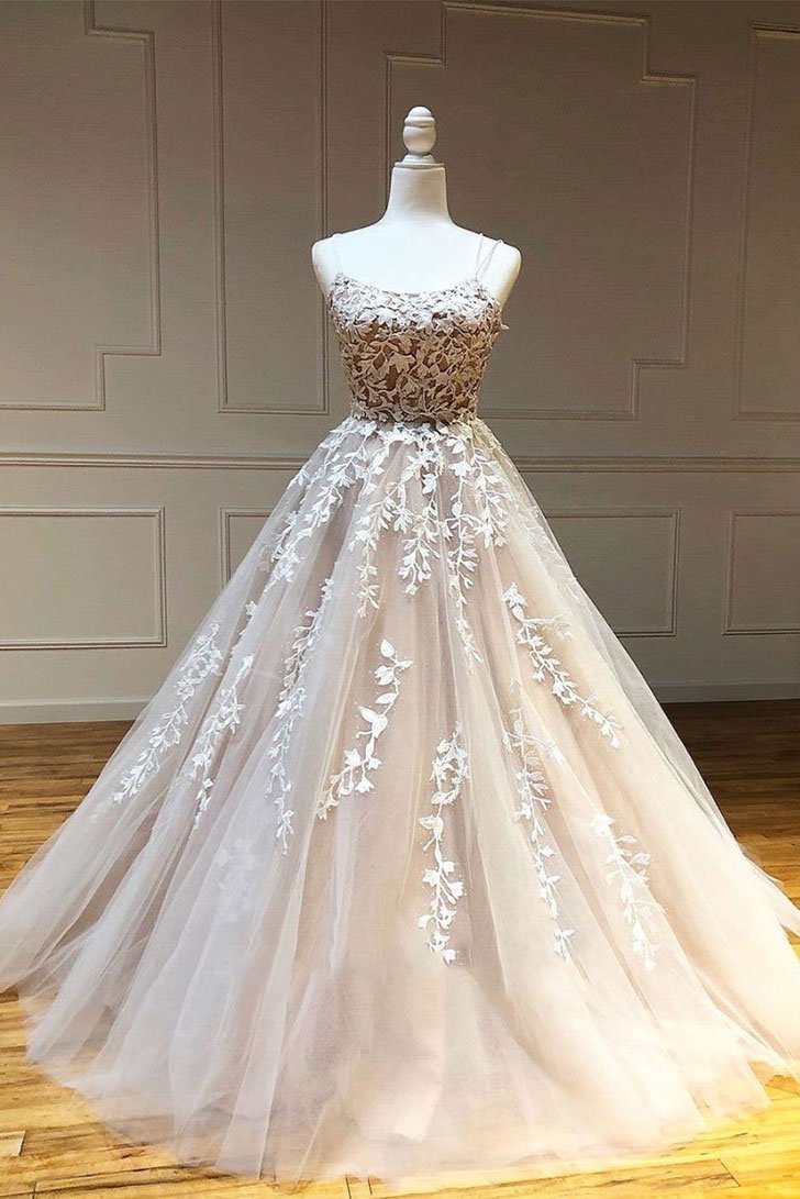 Champagne Tulle Scoop Appliqued Lace Long Prom Dress JKP507