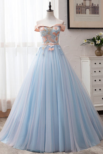Blue Tulle Off-the-Shoulder Appliques Ball Gown Long Prom Dress JKP501