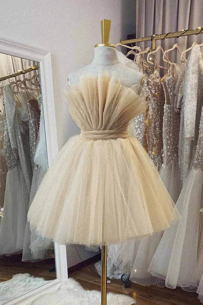 Open Back Strapless Champagne Tulle Short Prom Homecoming Formal Graduation Evening Dress GJS683