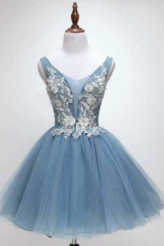 Blue tulle lace short prom dress, blue tulle lace homecoming dress JKG011|Annapromdress