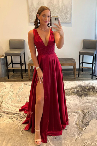 Burgundy V Neck Lace Long Prom Evening Dress with High Slit GJS686