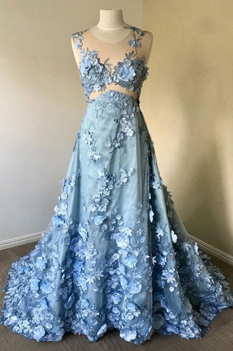Blue round neck lace long prom dress, blue lace evening dress JKF014|Annapromdress