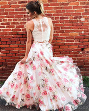 Two Pieces Lace Bodice Printed Flower Skirt Long Evening Prom Dresses JKG015|Annapromdress