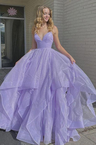 Princess Lavender Purple Tiered Spaghetti Straps Long Prom Evening Dress GJS190