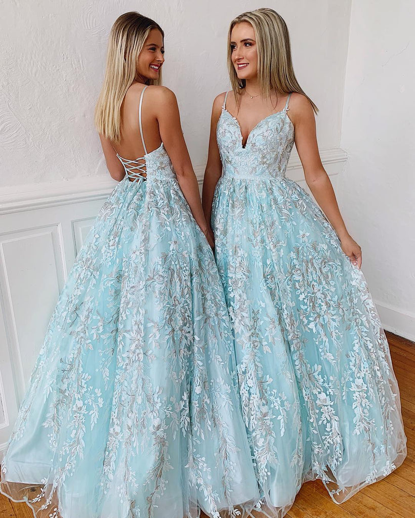 Blue A-line Spaghetti Straps Lace Short Prom Dresses, Homecoming Dresses main image 1