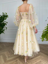 Princess Tulle Embroidered Tea Dress Wedding Long Prom Evening Dress GJS597