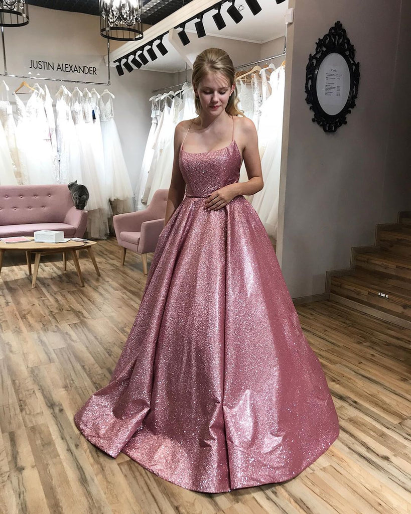 Backless Sparkly Spaghetti Straps Side Slits Prom Dress with Pockets
