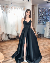 Red Satin A-line V-neck Spaghetti Straps Long Prom Dress with Slit JKQ106