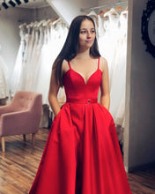 Red Satin A-line V-neck Spaghetti Straps Long Prom Dress with Slit JKQ106