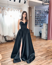 Red Satin A-line V-neck Spaghetti Straps Long Prom Dress with Slit JKQ106