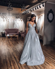 A-Line V-neck Spaghetti Straps Silver Sparkle Prom Dress with Pockets JKQ105