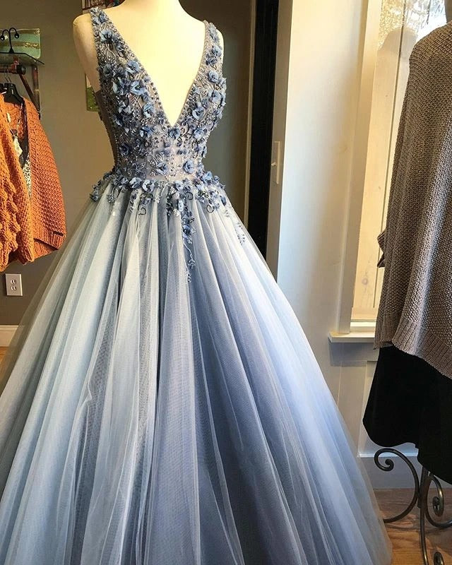 Grey Tulle 3D Appliques A-line V-neck Long Prom Dress JKS8824